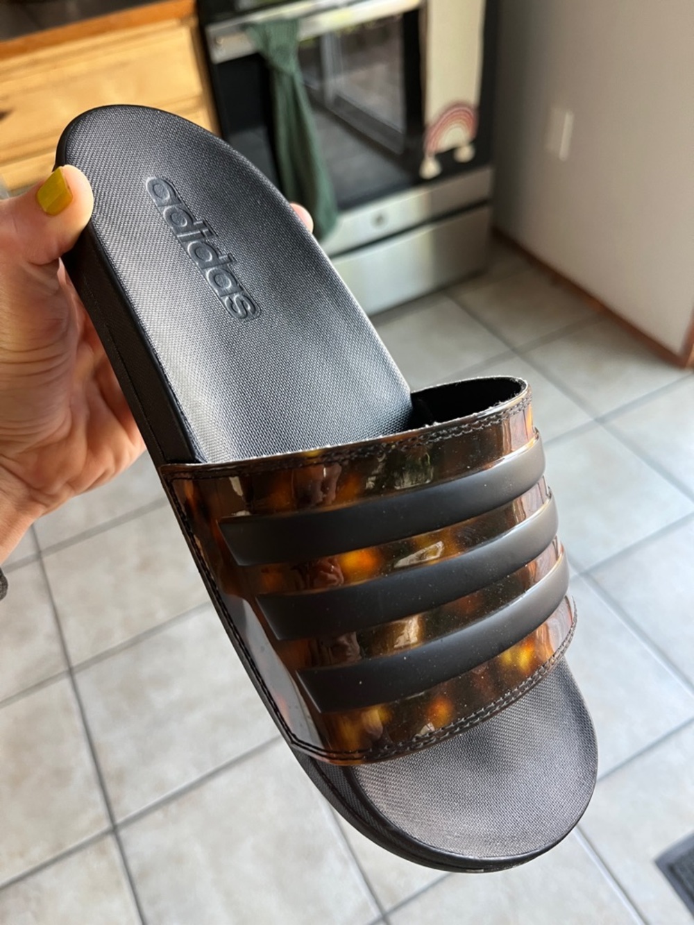 Adidas Black Slides with Tortoiseshell Straps - Picture 4 of 4